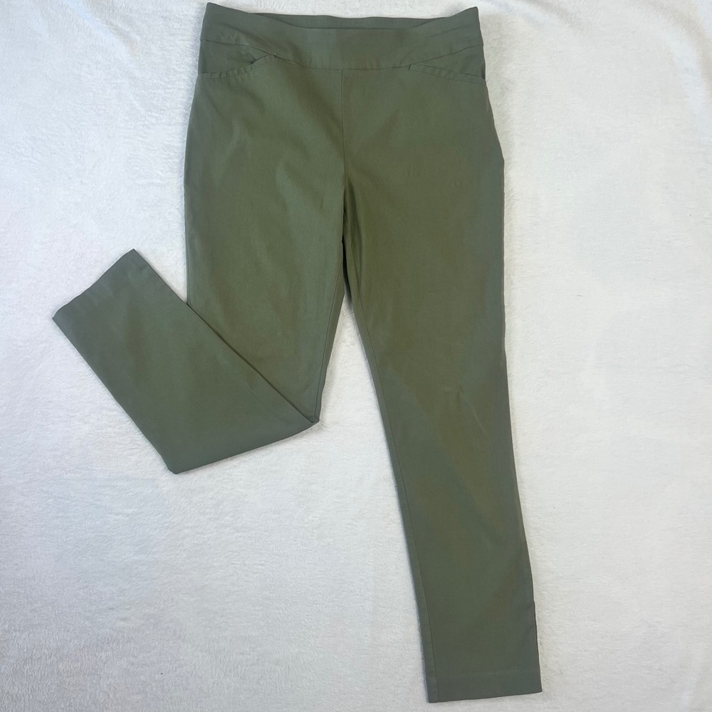 Chicos Perfect Stretch Pull On Pants Olive Green Slim Leg Size 2 Large